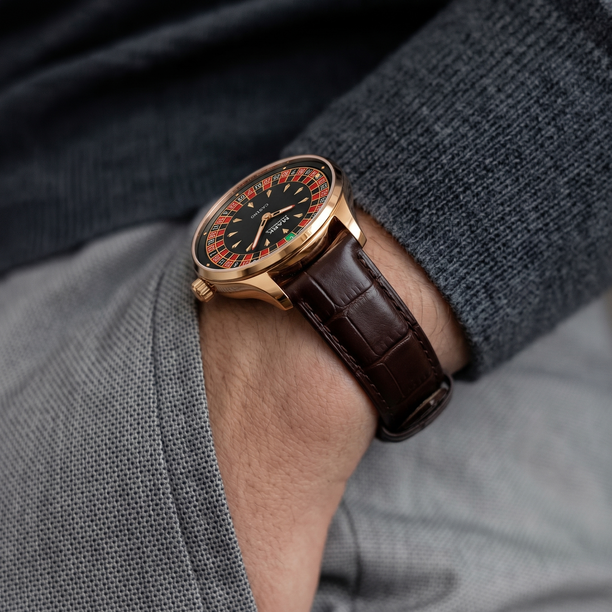 Close-up of a wrist wearing a watch with a brown strap and rose gold case.