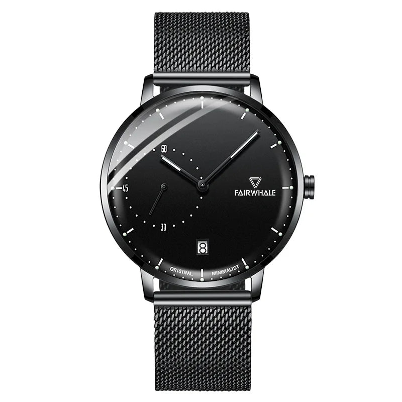 VELION Minimalist Mesh Business Watch black dial close-up on surface