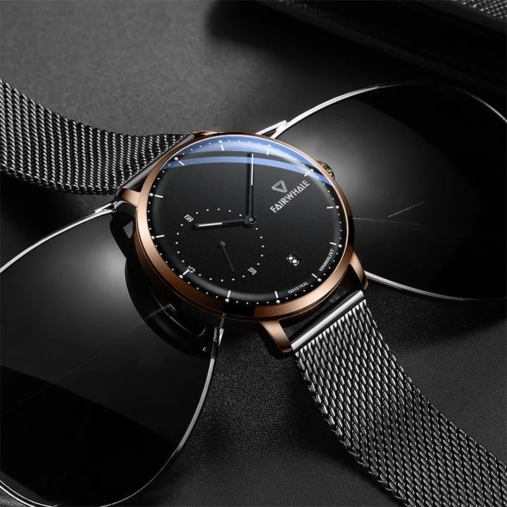 VELION Minimalist Mesh Business Watch blue dial brown leather strap