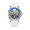 Watch with white strap and blue accents on a white background