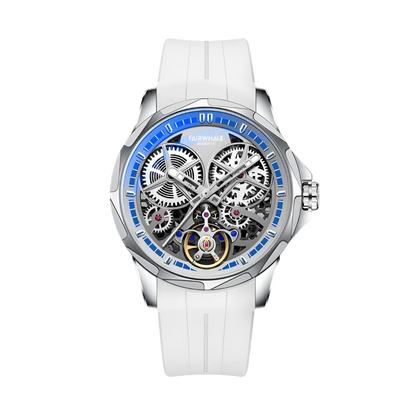 Watch with white strap and blue accents on a white background