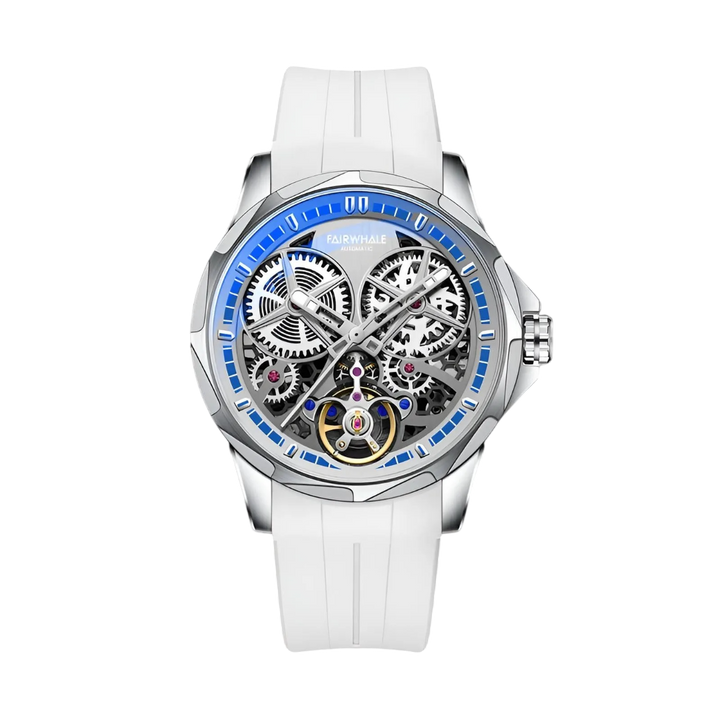 Watch with white strap and blue accents on a white background