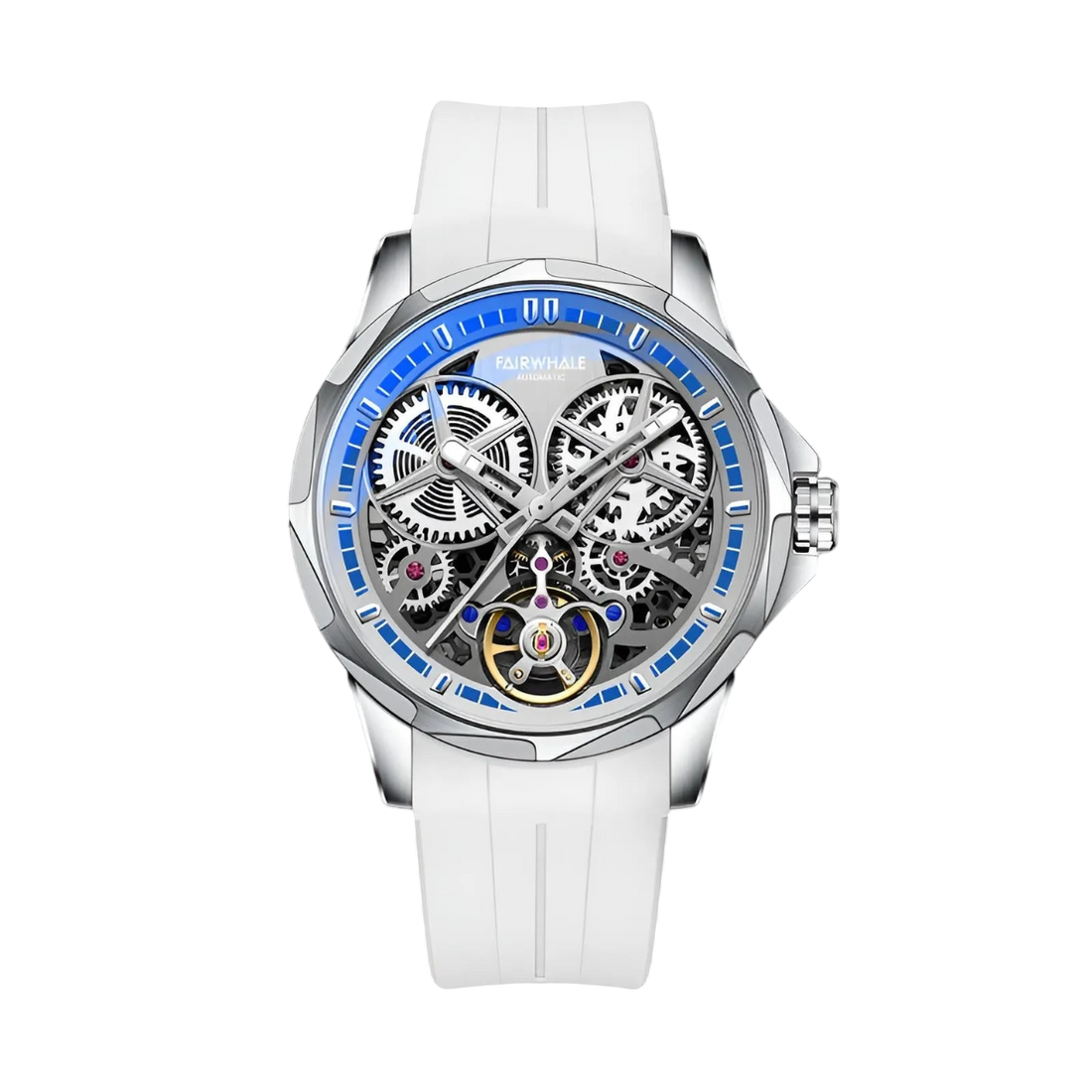 Watch with white strap and blue accents on a white background
