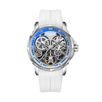 Watch with white strap and blue accents on a white background