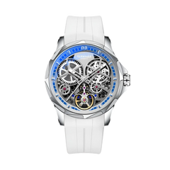 Watch with white strap and blue accents on a white background