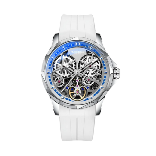Watch with white strap and blue accents on a white background