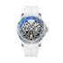 Watch with white strap and blue accents on a white background