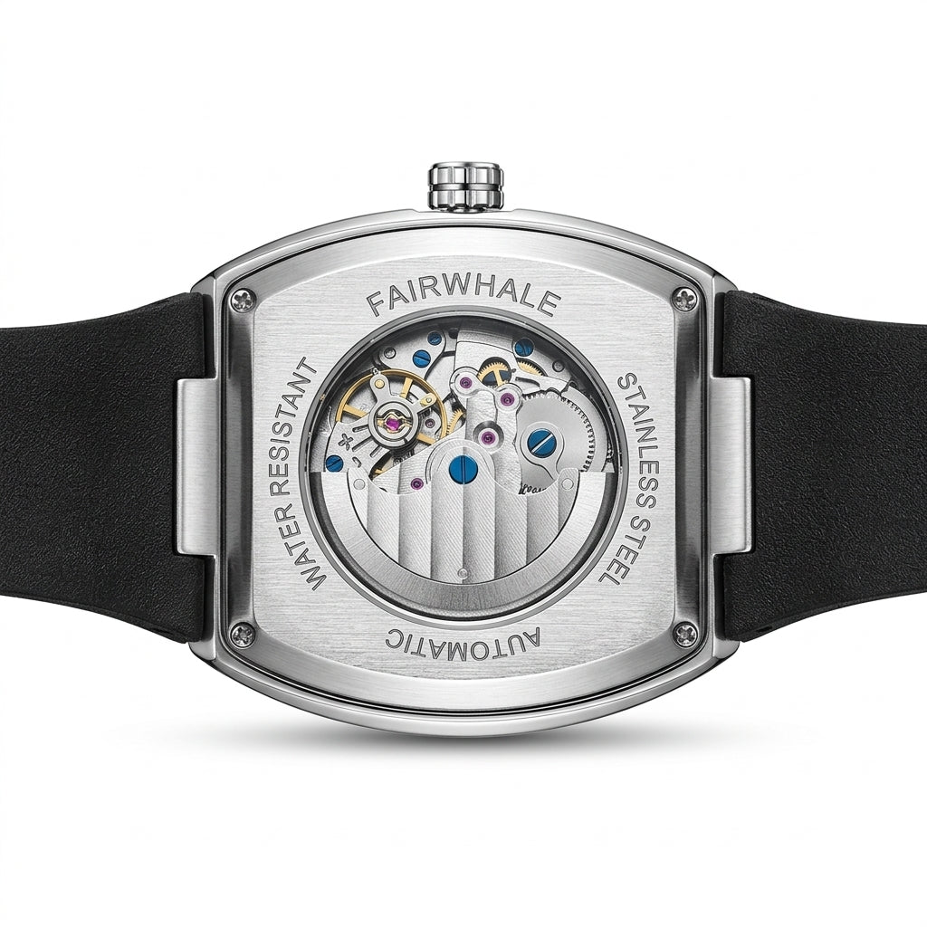 Watch back cover with mechanical components and &