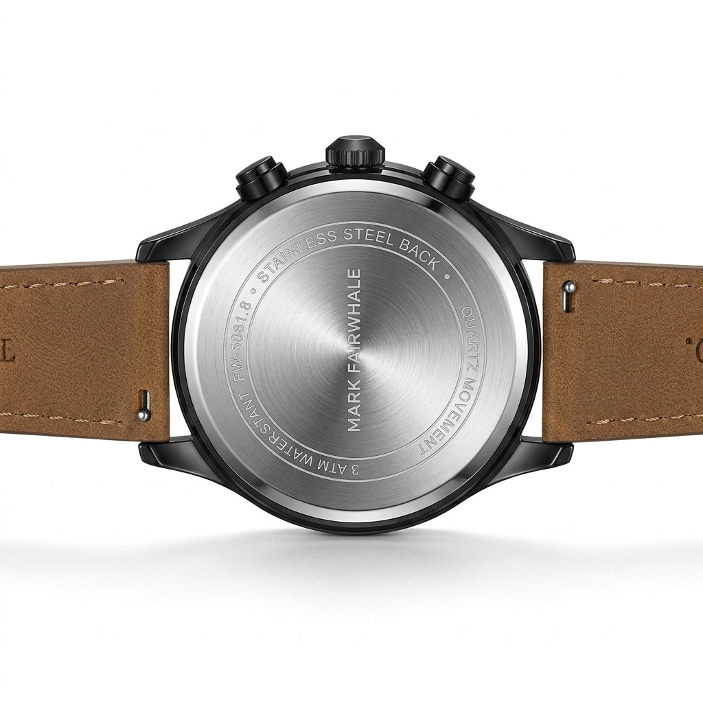 Watch back with brand engraving on a white background