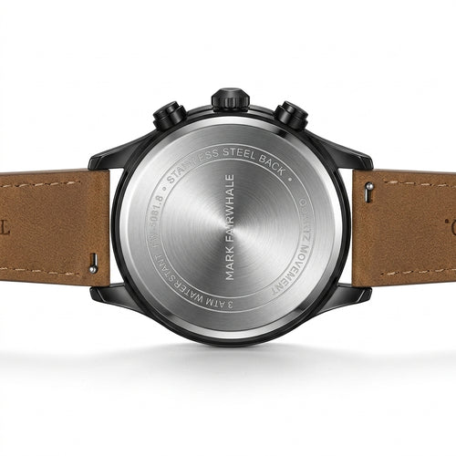 Watch back with brand engraving on a white background