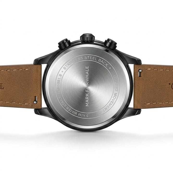 Watch back with brand engraving on a white background