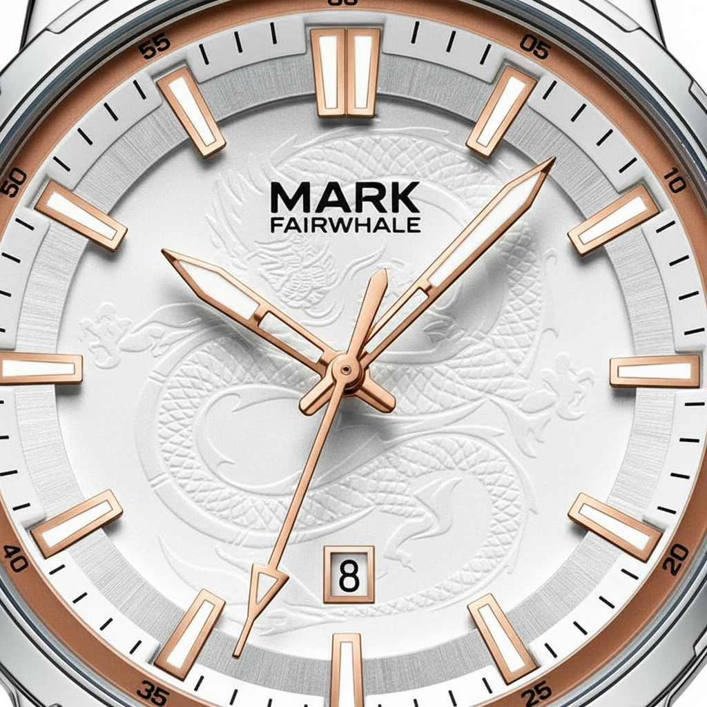 Watch face with 'Mark Fairwhale' branding on a silver and rose gold background