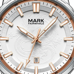 Watch face with 'Mark Fairwhale' branding on a silver and rose gold background
