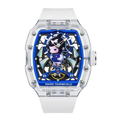 Watch with a character design on the face, brand 'Mark Fairwhale' visible