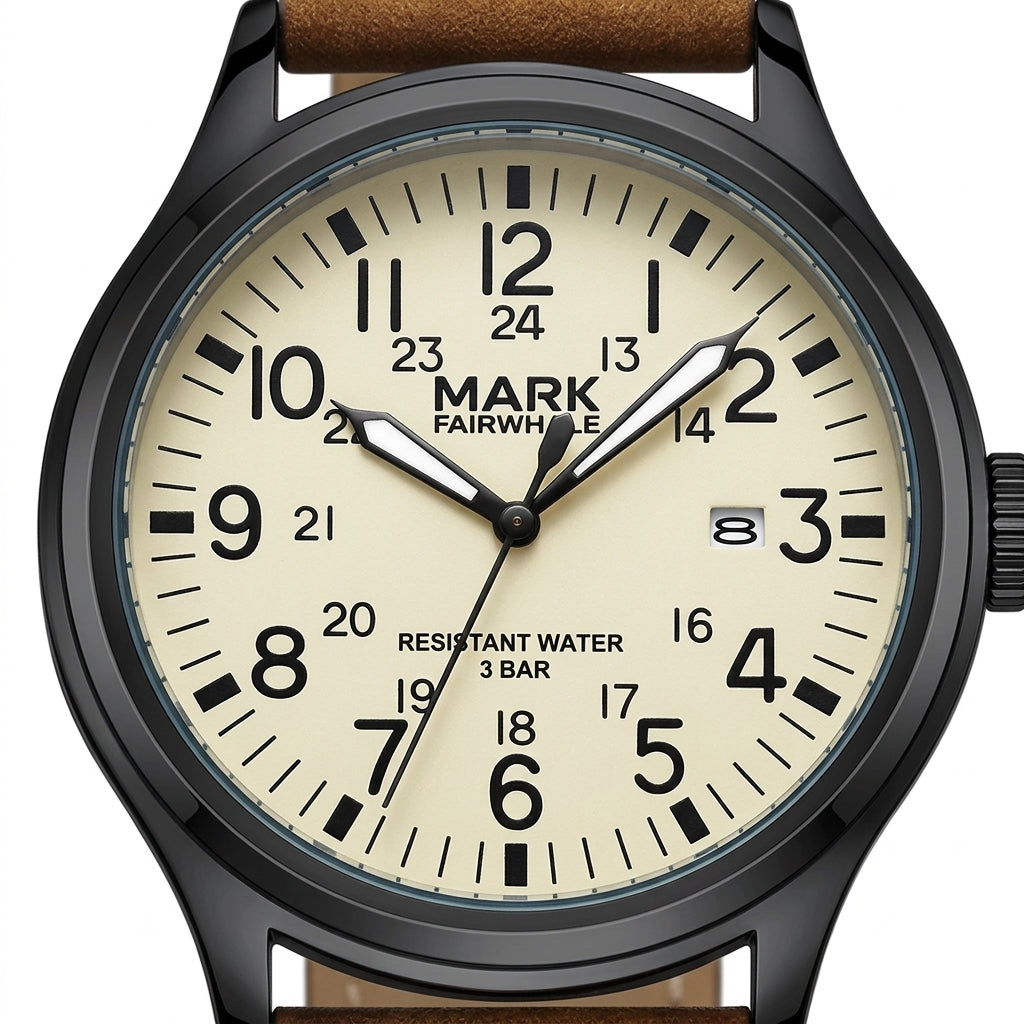 Watch with a beige dial and brown leather strap on a white background