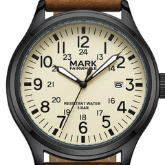 Watch with a beige dial and brown leather strap on a white background