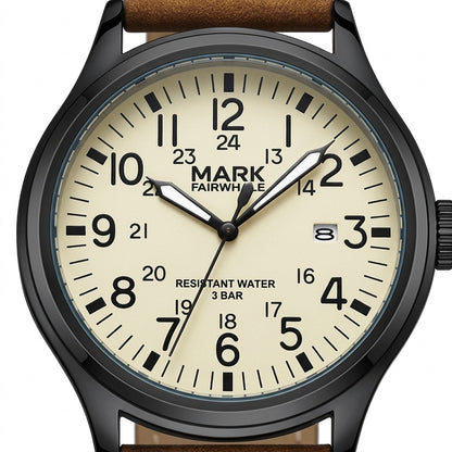 Watch with a beige dial and brown leather strap on a white background