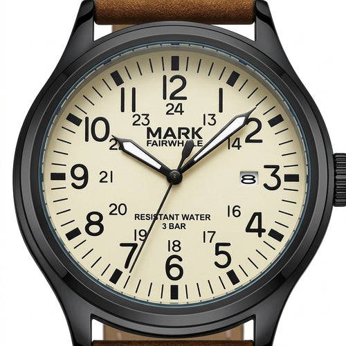 Watch with a beige dial and brown leather strap on a white background