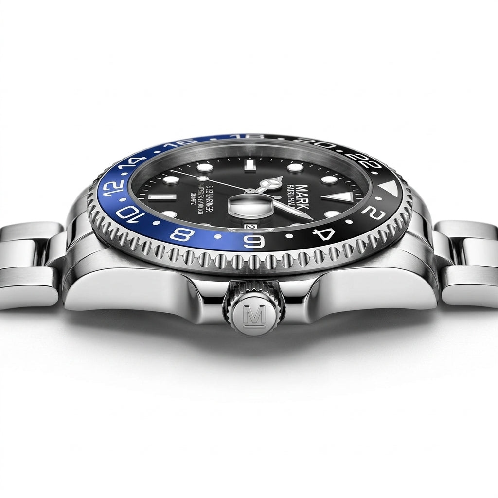 Watch with a black face and blue bezel on a white background