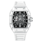 Watch with a black face and white band on a white background