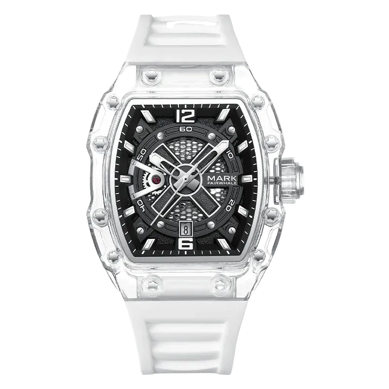Watch with a black face and white band on a white background