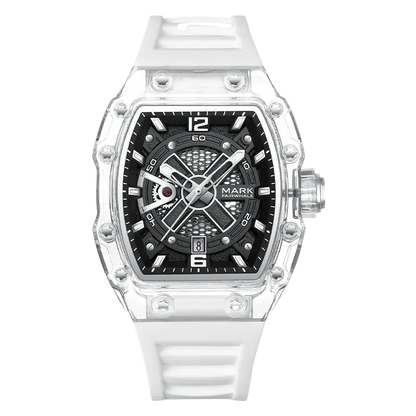 Watch with a black face and white band on a white background