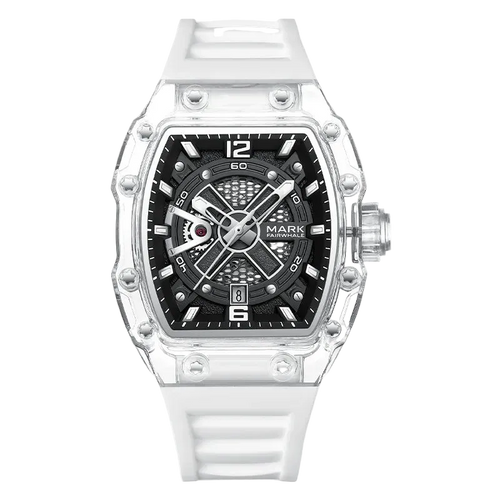 Watch with a black face and white band on a white background