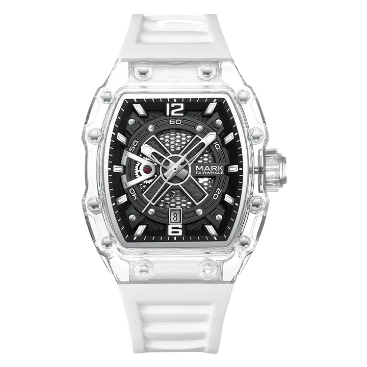 Watch with a black face and white band on a white background