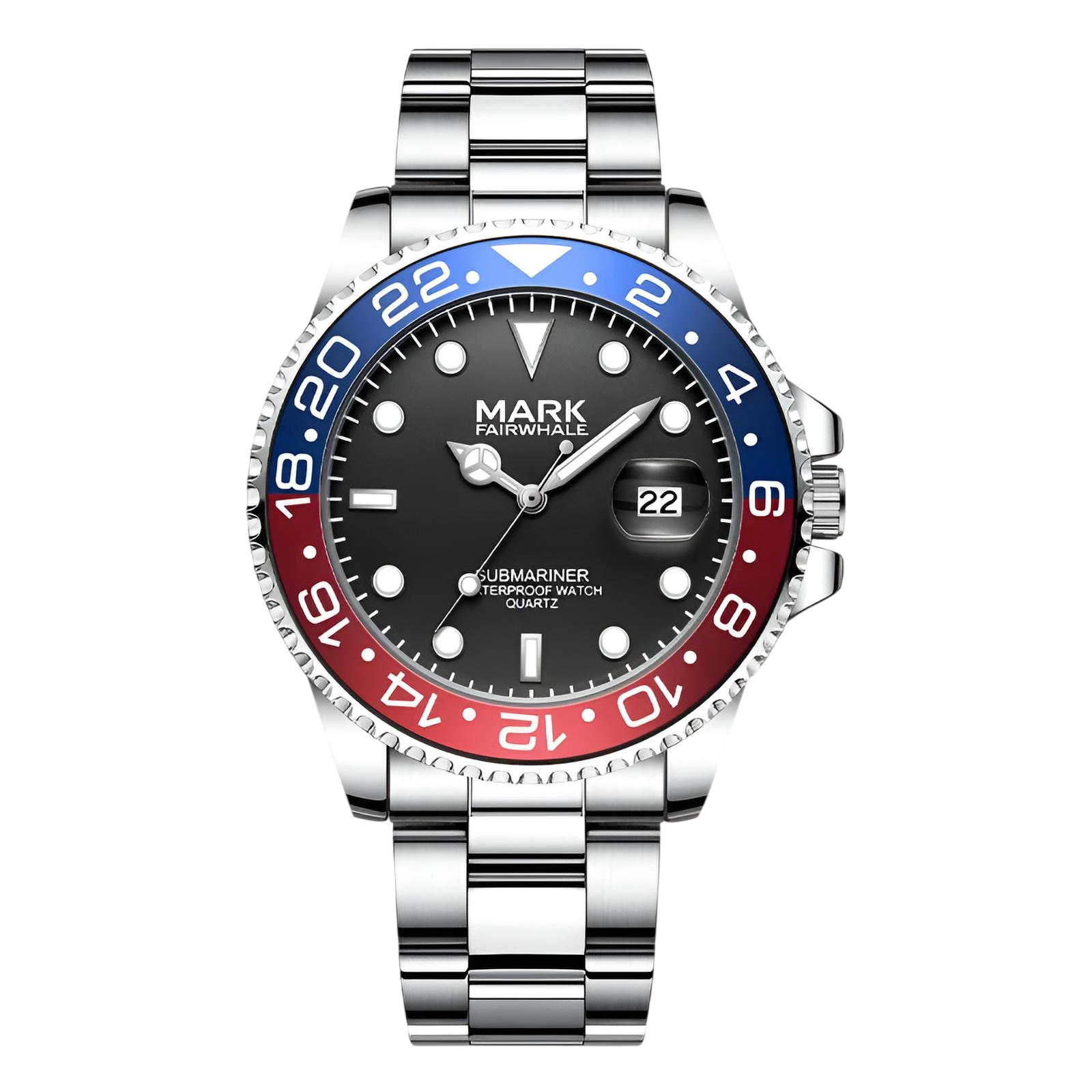 Watch with a black face, blue and red bezel, and silver bracelet on a white background