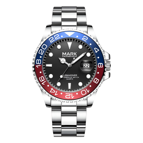 Watch with a black face, blue and red bezel, and silver bracelet on a white background