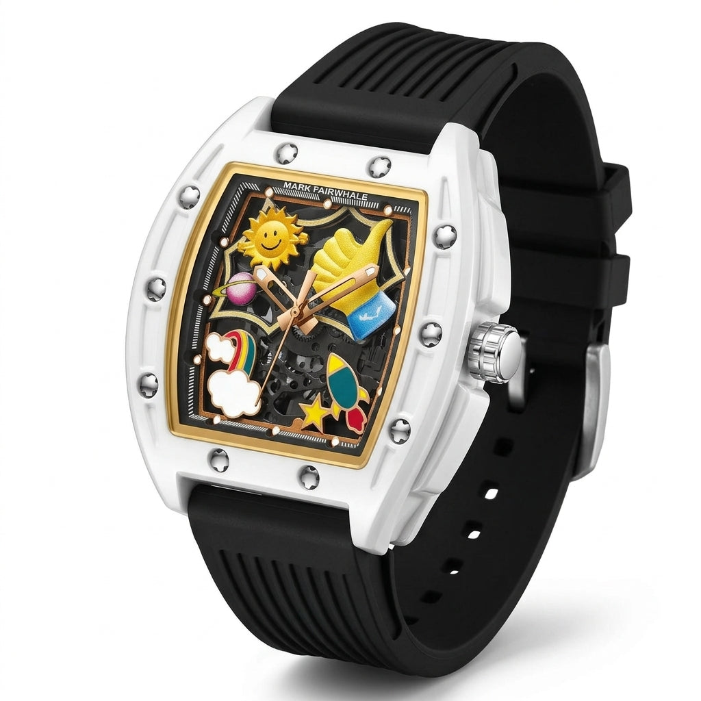 Watch with a black strap and colorful face on a white background