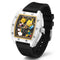 Watch with a black strap and colorful face on a white background