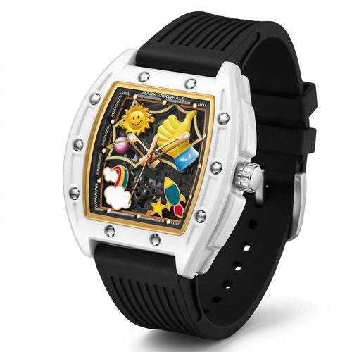Watch with a black strap and colorful face on a white background