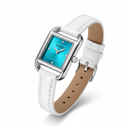 Watch with a blue face and white strap on a white background