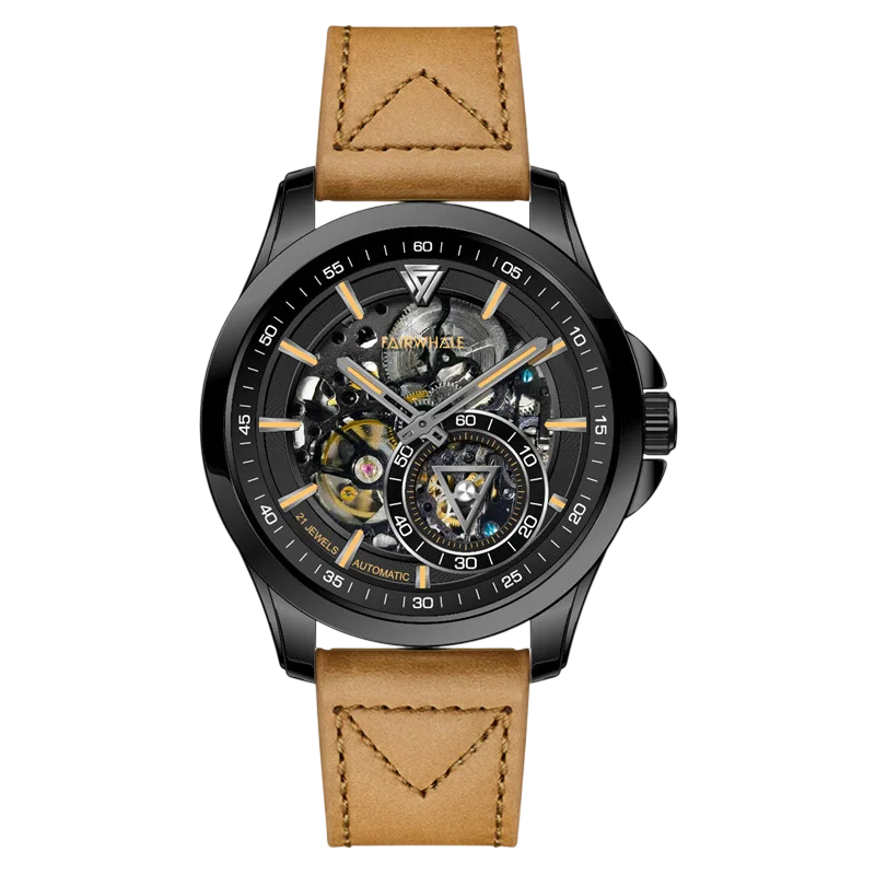 Watch with a brown leather strap and black dial on a white background