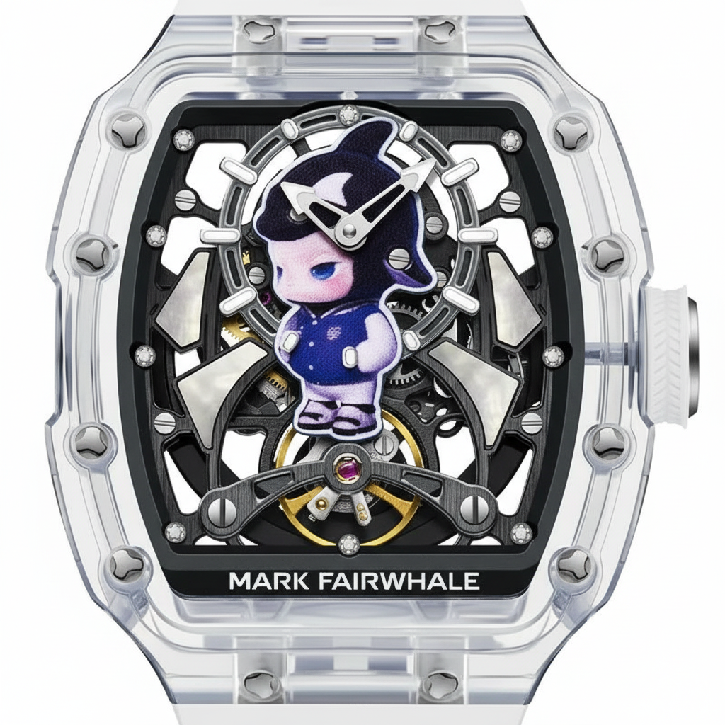 Watch with a character design on the face, branded 'Mark Fairwhale'.