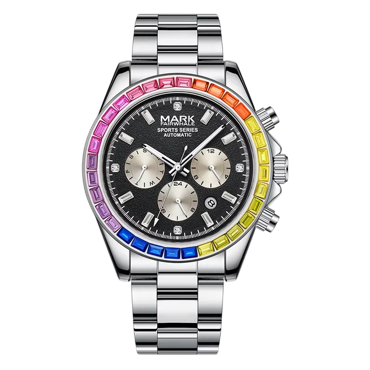 Watch with a colorful bezel and silver strap on a white background