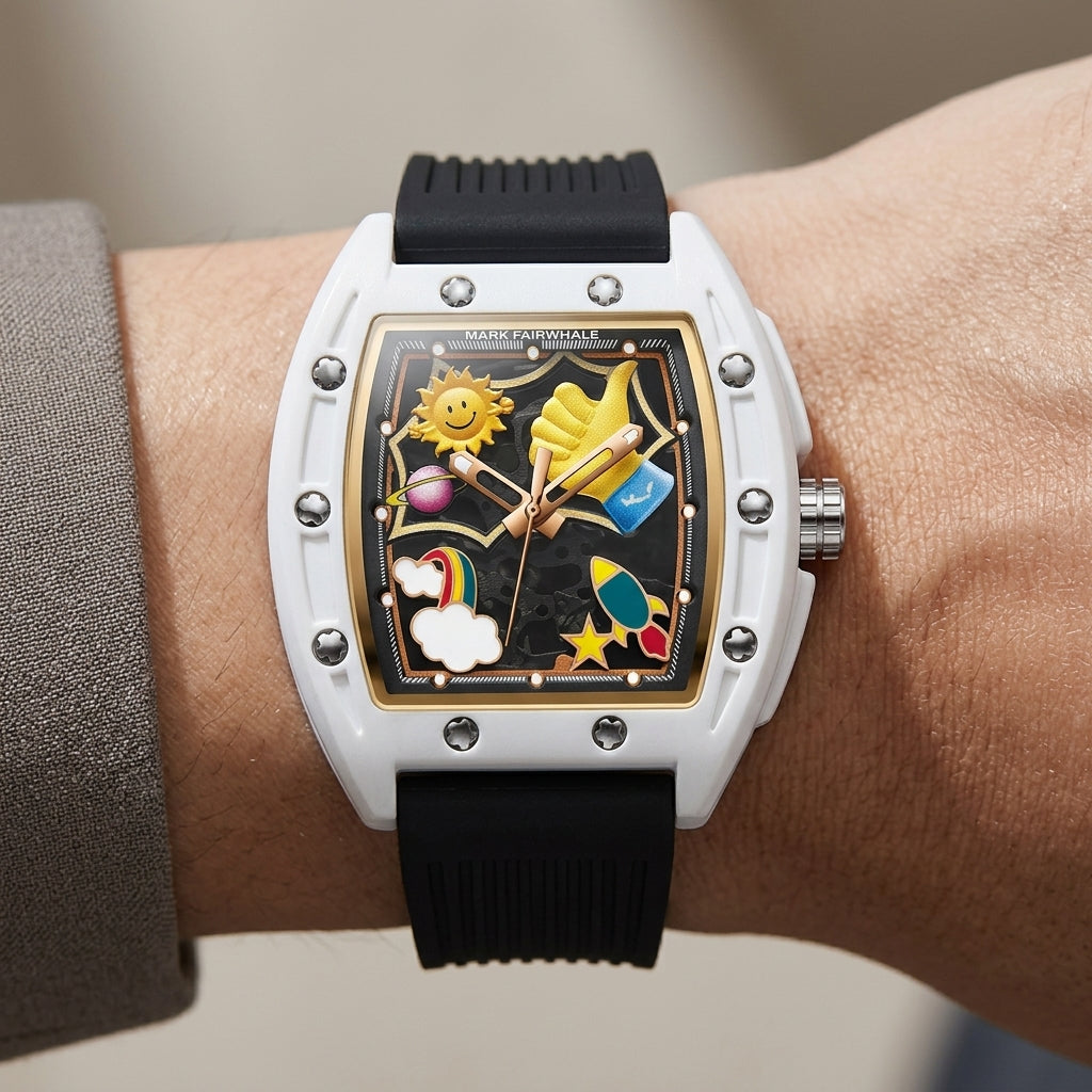 Watch with a colorful face on a wrist against a neutral background