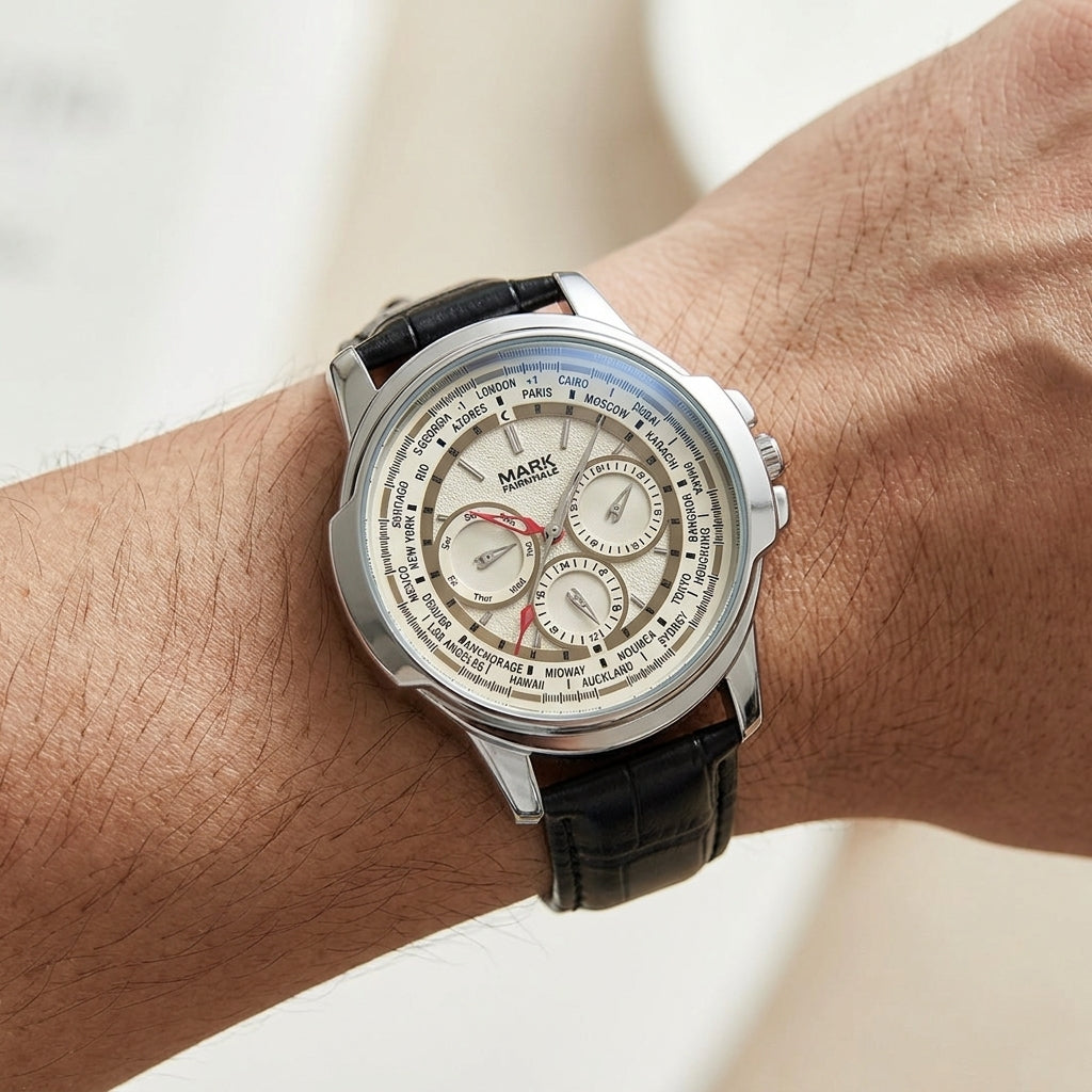 Watch with a detailed face on a wrist against a neutral background