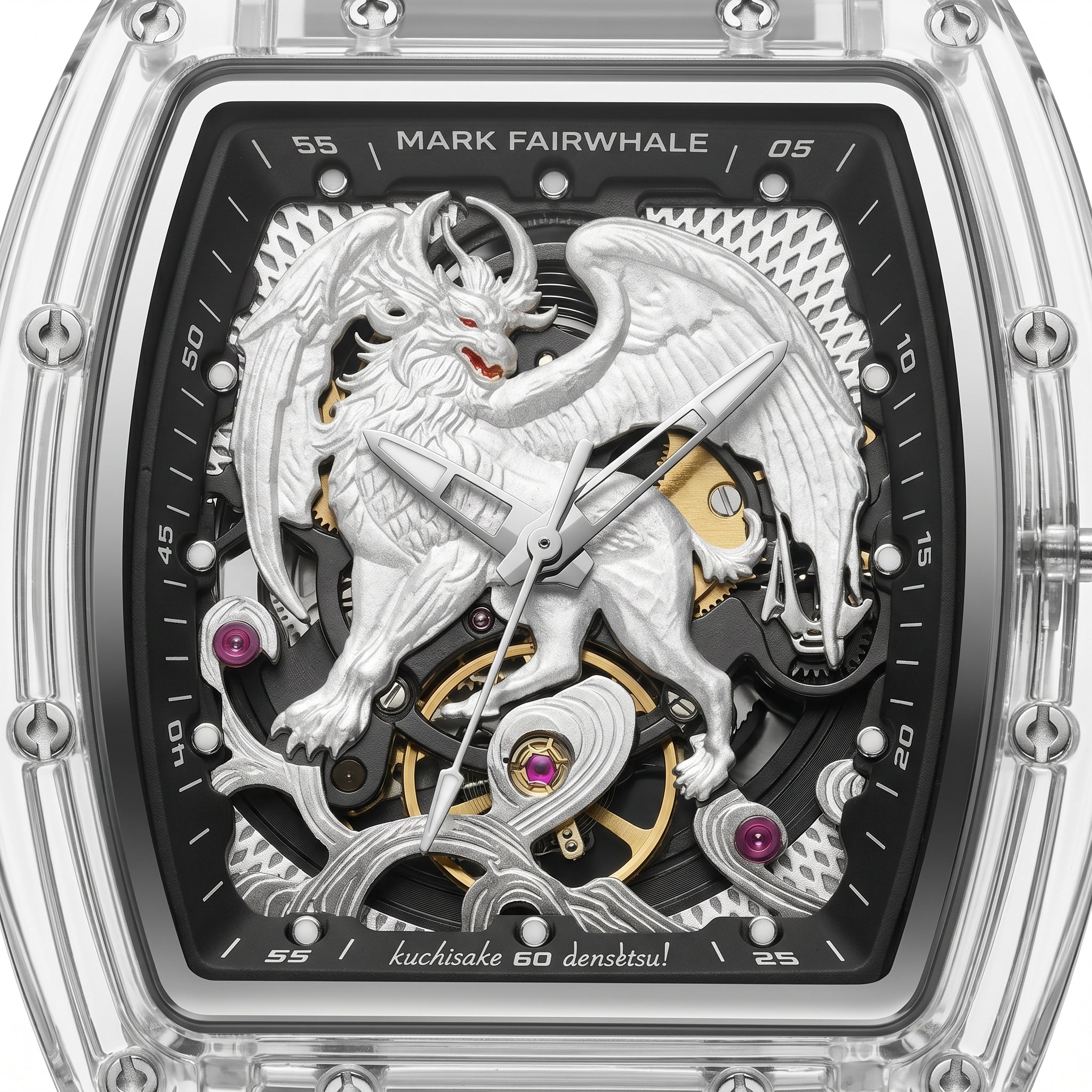 Watch with a dragon design on the face, featuring intricate details and brand name.