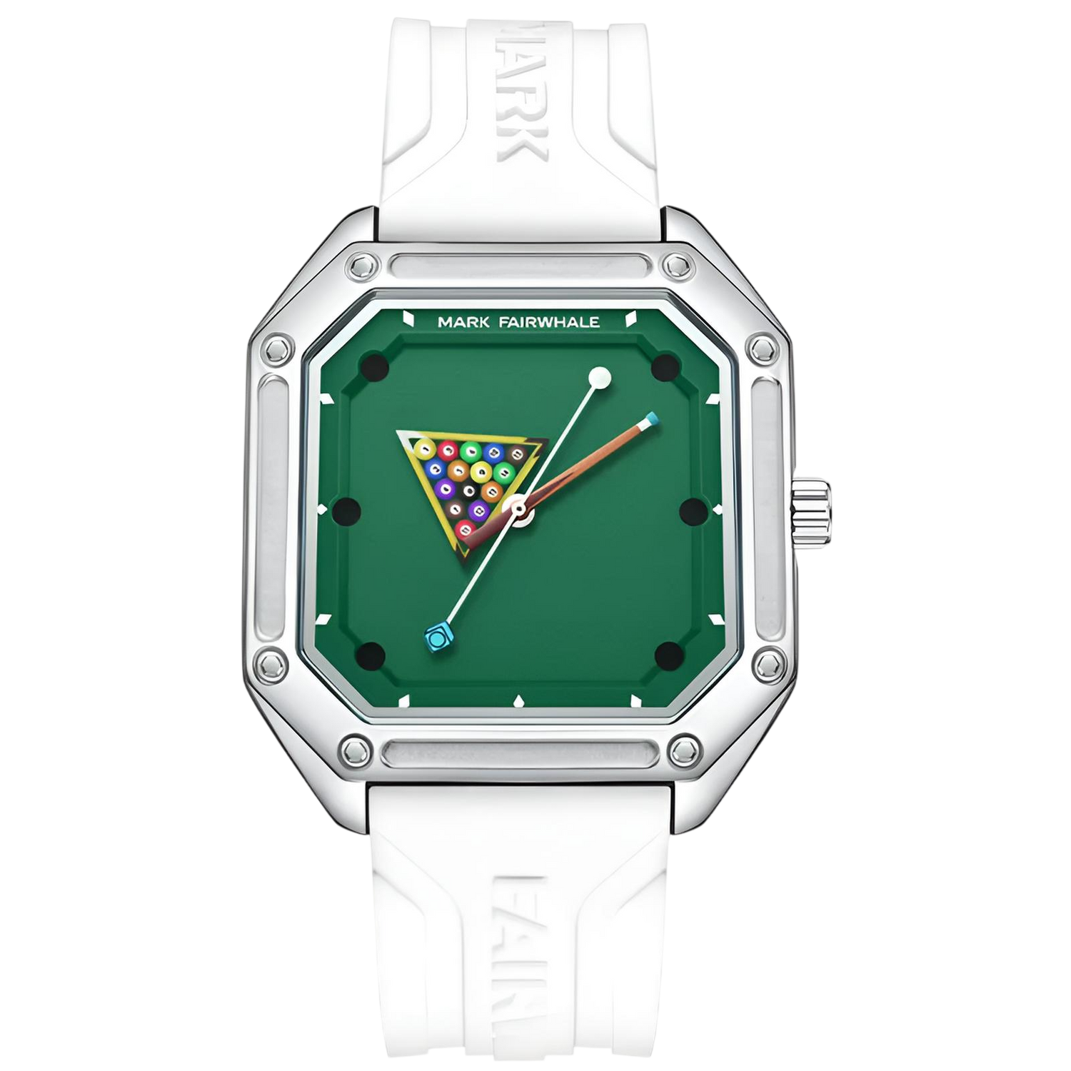 Watch with a green face and white strap on a white background