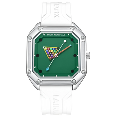 Watch with a green face and white strap on a white background