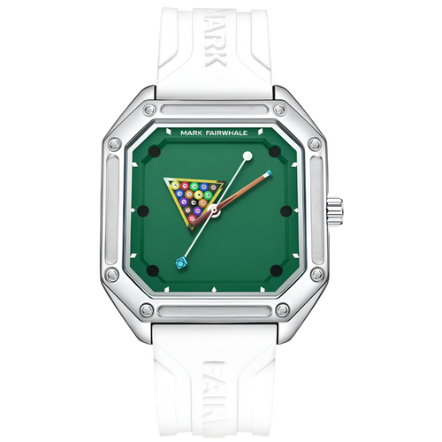 Watch with a green face and white strap on a white background