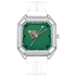 Watch with a green face and white strap on a white background