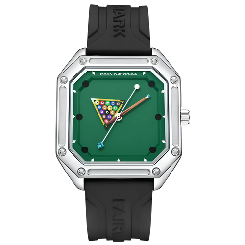 Watch with a green face featuring a pool table design on a white background