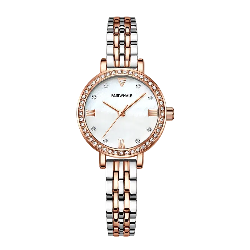 Watch with a silver and rose gold band on a white background