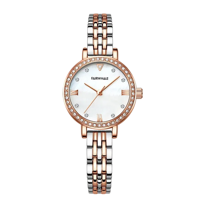 Watch with a silver and rose gold band on a white background