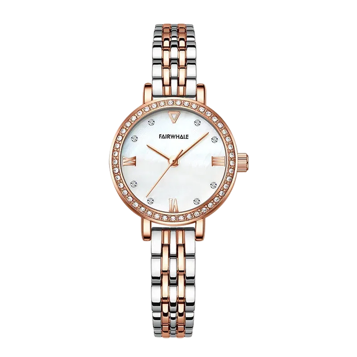 Watch with a silver and rose gold band on a white background