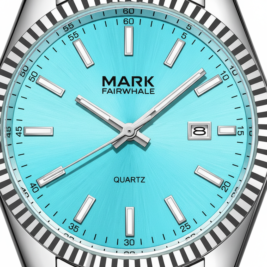Watch with a turquoise dial and silver bezel on a white background