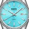 Watch with a turquoise dial and silver bezel on a white background